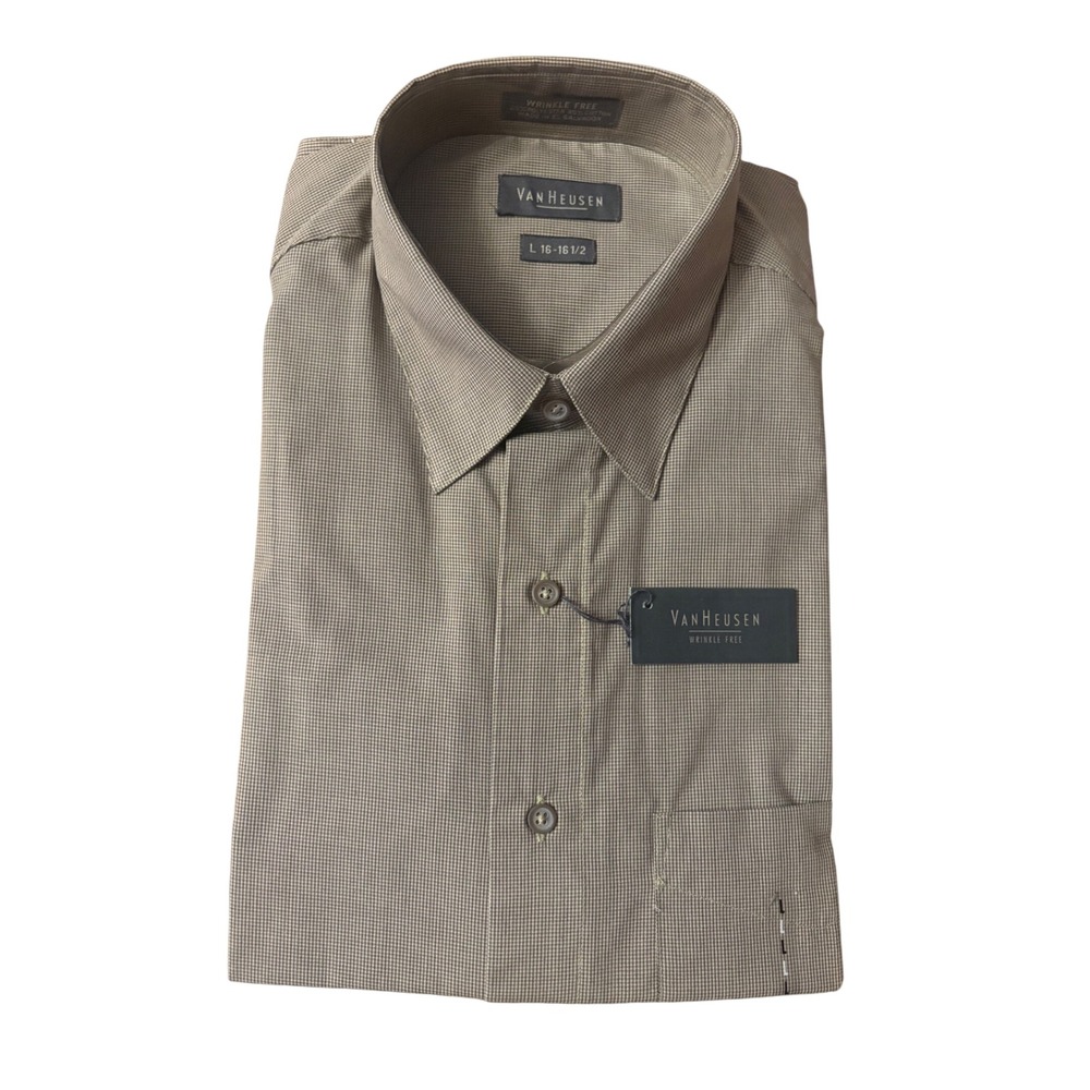 Van Heusen NWT Lincoln Brown Micro Check Wrinkle Free Dress Shirt L 16-16.5